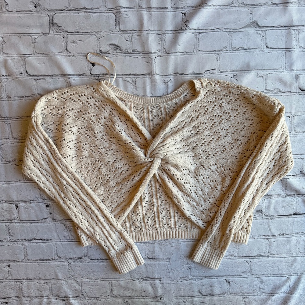 Hollister Open Knit Top Shrug Sweater Neutral Womens Twist Front Crop